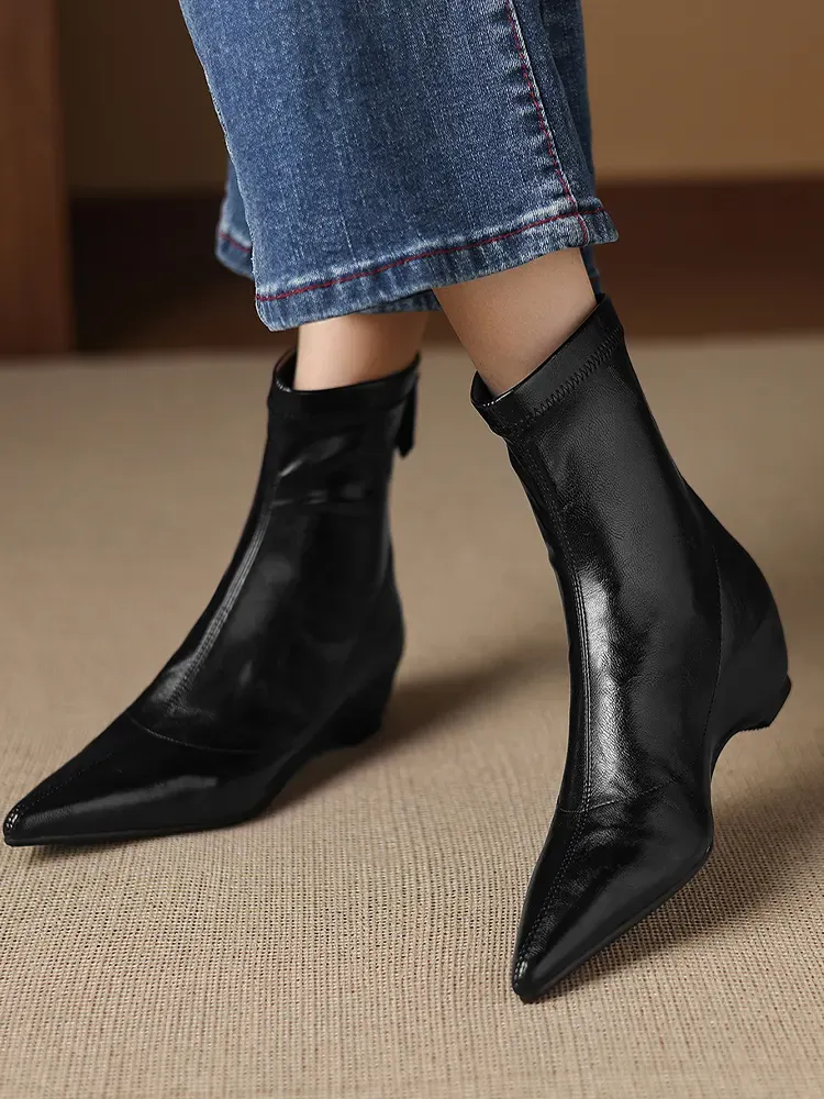 KENPOGEN ストレッチブーツ インヒール ポインテッドトゥ 4.5cmUP バックファスナー 履きやすい 細見え 通常タイプ・裏起毛 秋冬