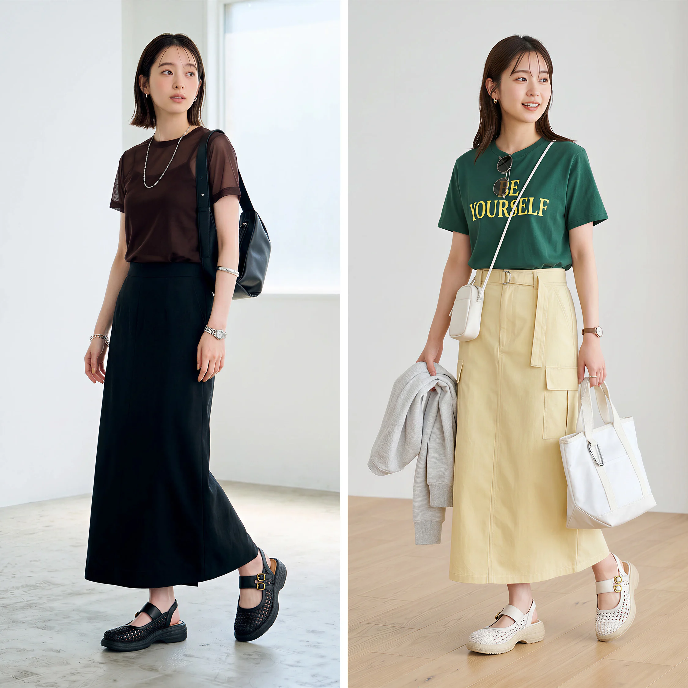 本革メッシュサンダルのブラックとアイボリー夏コーデ