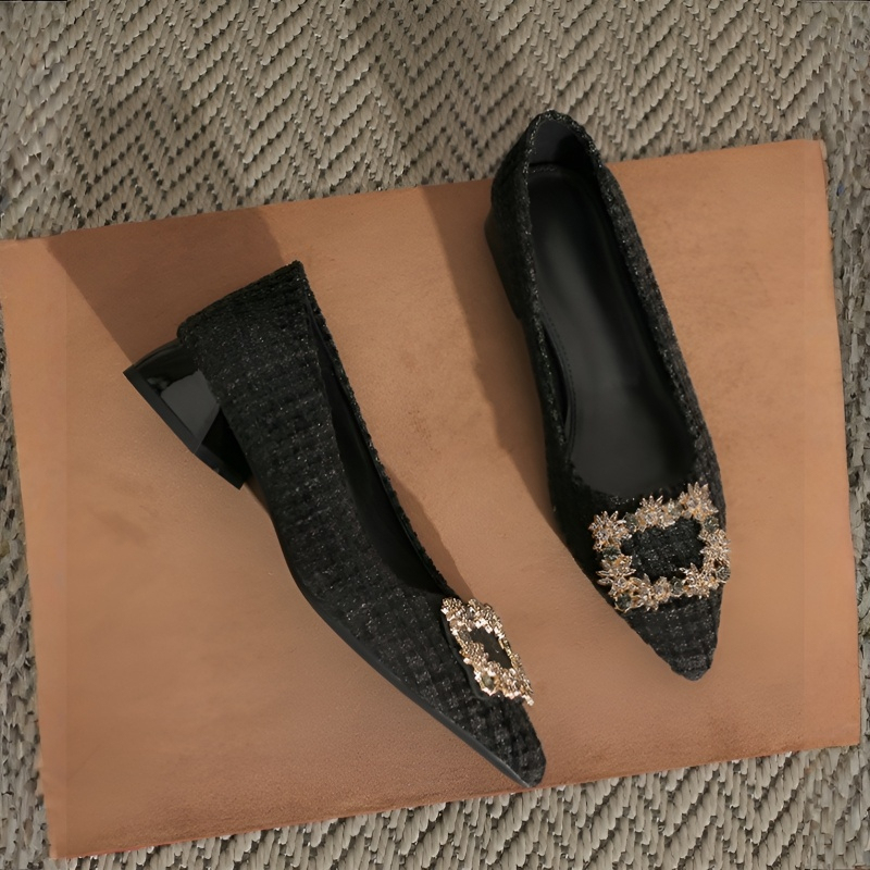 ツイード調 ビジューバックル スクエアヒールパンプス