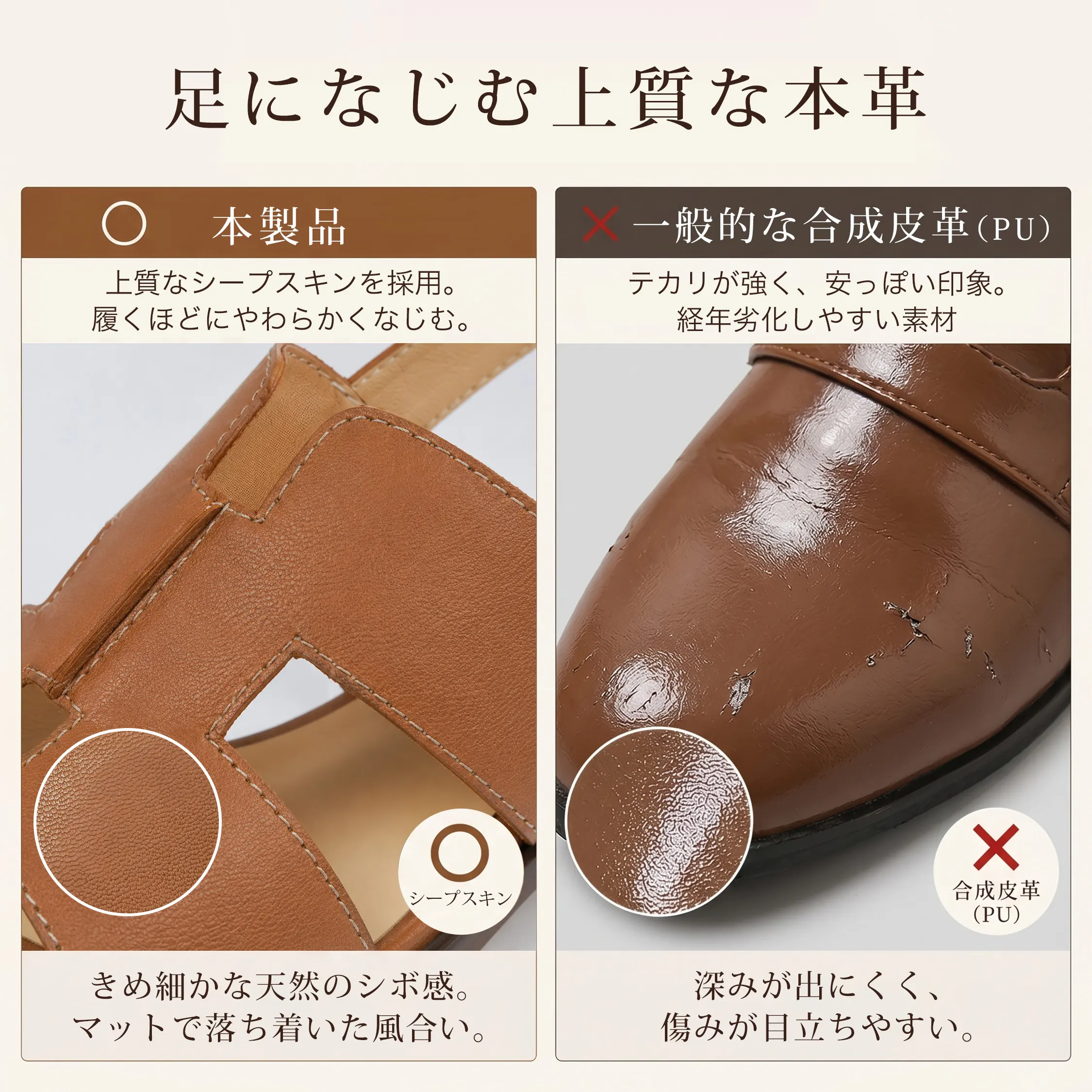 本革サンダルと合成皮革の比較 上質なシープスキンで足になじむ レディース夏サンダル