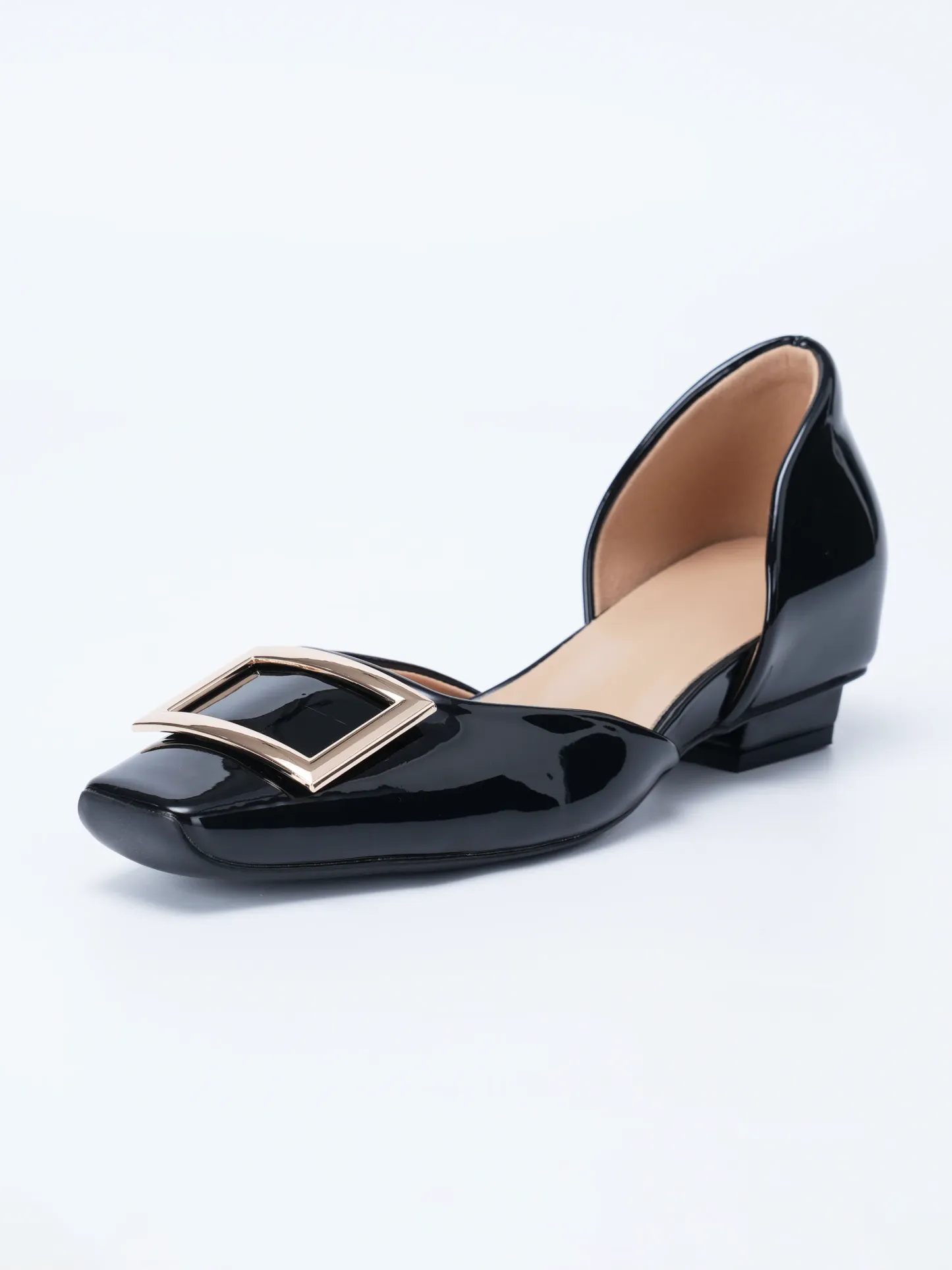 【上品なツヤ感で高見え】KENPOGEN バックルパンプス サイドオープン スクエアトゥ 5cmUP エナメル インヒール 痛くない 春夏 通勤 結婚式