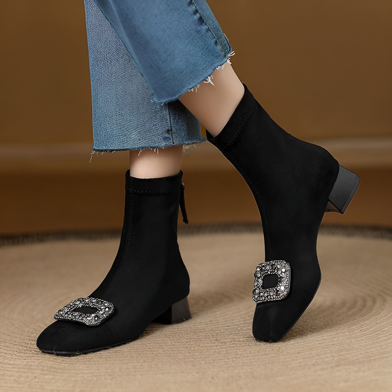 スクエアビジュー スエード調 裏起毛ショートブーツ