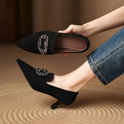 KENPOGEN ポインテッドトゥパンプス 羊革 手作り靴 5.5cmUP スエード ビジュー バックル エレガント