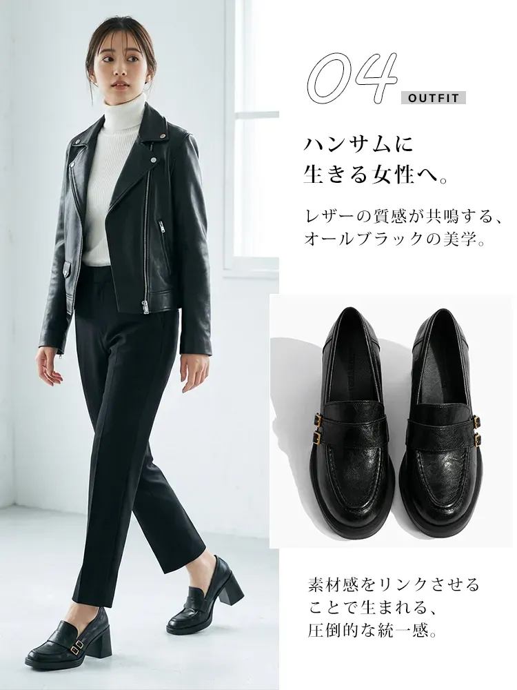 【安定感抜群・走れる太ヒール】KENPOGEN ダブルバックル ローファー 5cm 7.5cm 選べる高さ 痛くない 通勤 黒 スクエアトゥ