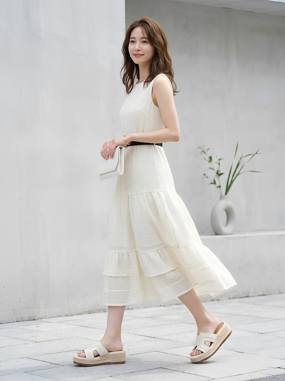白（アイボリー）のジュートウェッジサンダルとワンピースを合わせた40代女性の夏コーデ。軽やかで上品な着こなしは、リゾートや休日のきれいめスタイルにぴったり