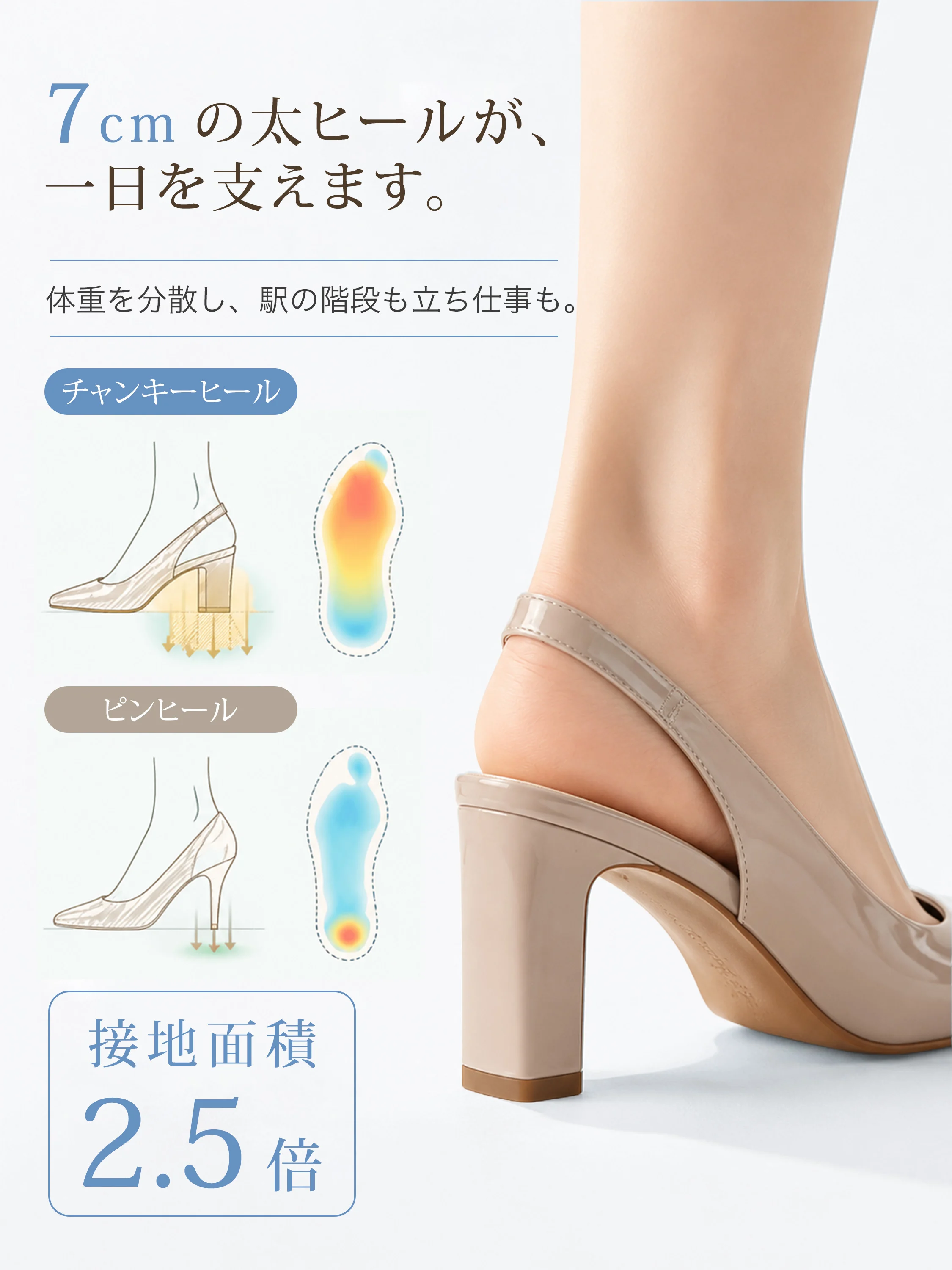 KENPOGENベージュエナメルパンプス、7cmのチャンキーヒールが体重分散、立ち仕事や駅の階段も快適、職場女性向け