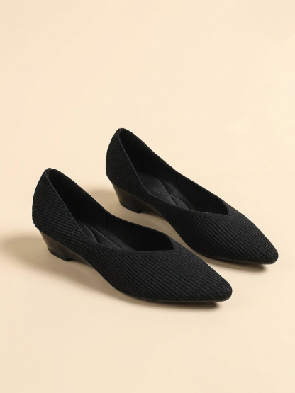 KENPOGEN ニットパンプス ポインテッドトゥシューズ 3.5cmUP ウェッジソール Vカット 通気性 フォーマル