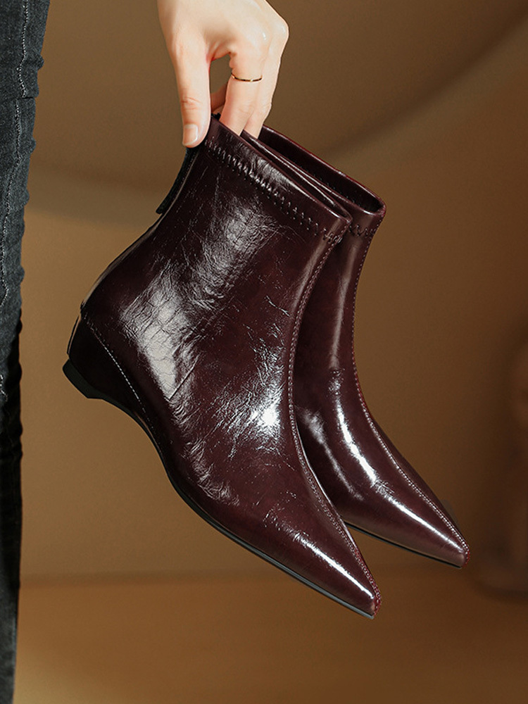 インヒールウェッジマロン色メイラードポインテッドトゥミディアムブーツ