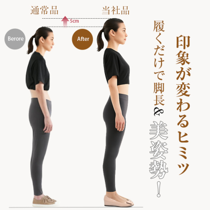 Before通常品　4cmアップ　After当社品、履くだけで脚長美姿勢　印象が変わるヒミツ