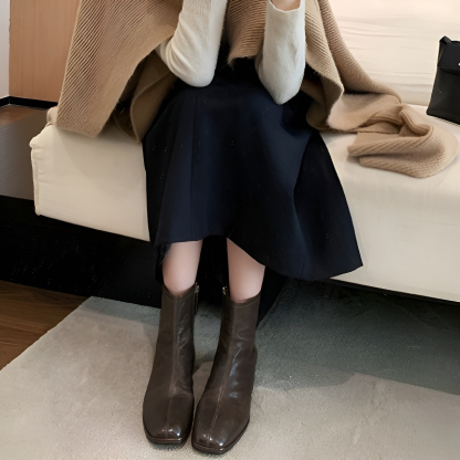 スクエアトゥ 本革ショートブーツ