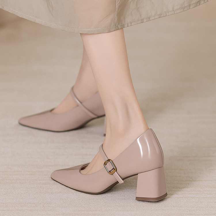 小さいサイズ お洒落メリージェーン靴  インヒール 8cmUP  脚長効果抜群　グレー