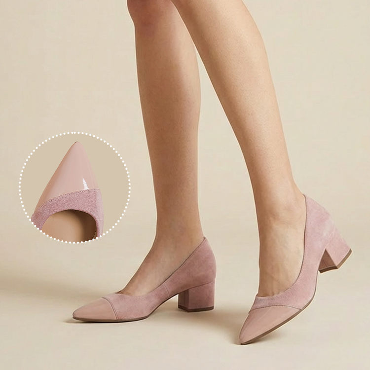 JL-KEN增高7cm拼接尖头粗跟浅口高跟鞋