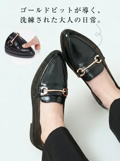 痛くない ローファー エナメル ポインテッドトゥ KENPOGEN 柔らかい 靴 ゴールドビット 幅広 甲高 外反母趾対策