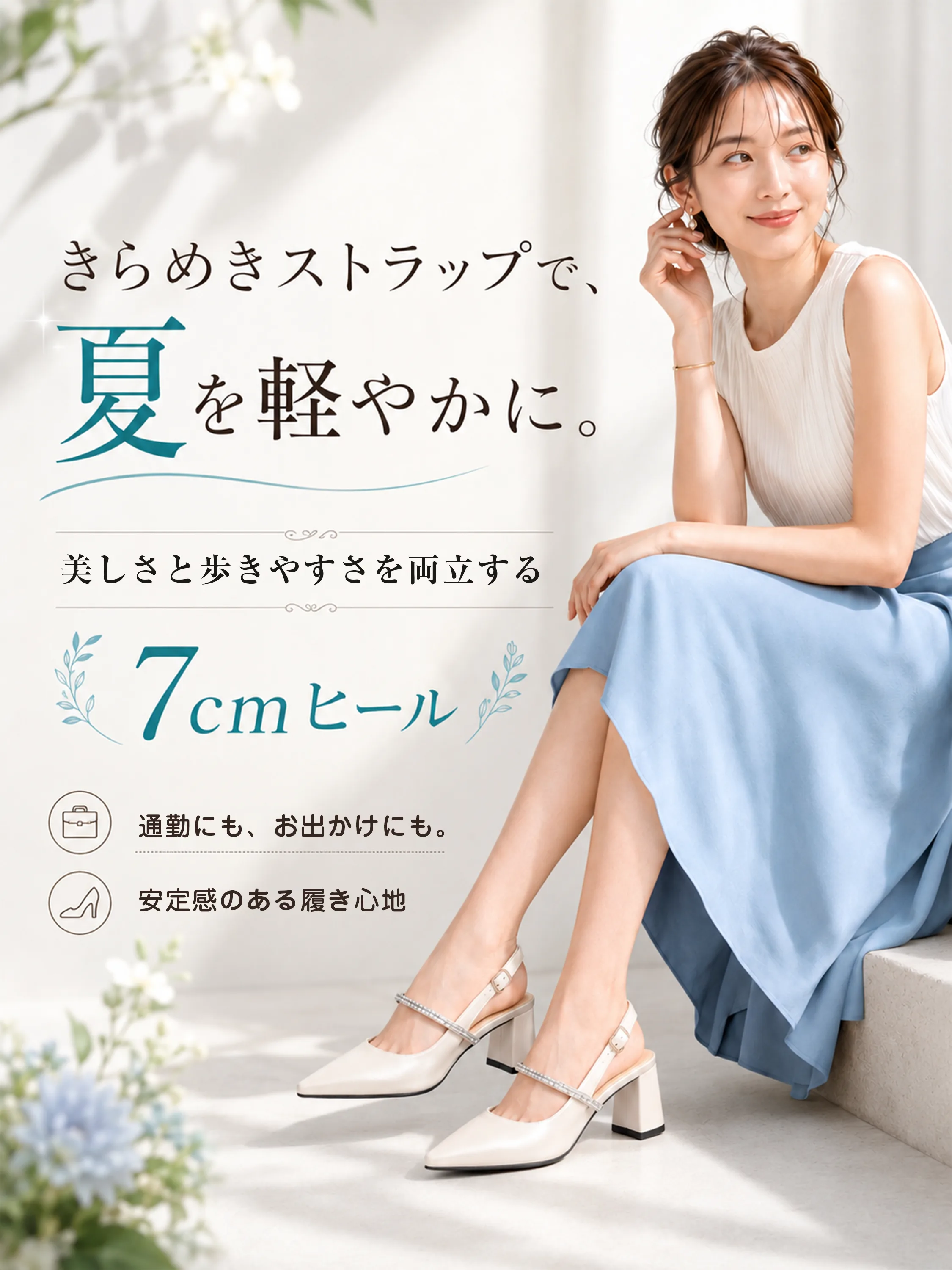 ホワイト スリングバックパンプス レディース 夏コーデ 通勤 お出かけ 7cmヒール ビジューストラップ
