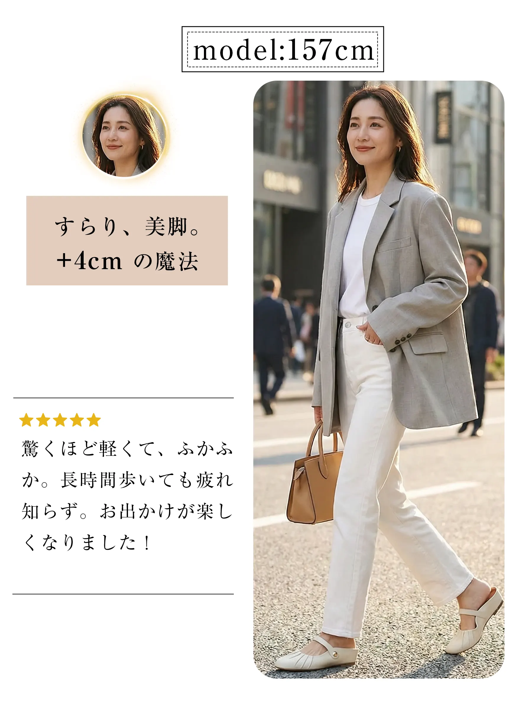 こっそり4cmアップで美脚効果！長時間歩いても疲れない、ふかふかクッションのミュールサンダル。白デニムのお出かけコーデ