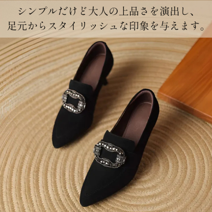 KENPOGEN ポインテッドトゥパンプス 羊革 手作り靴 5.5cmUP スエード ビジュー バックル エレガント