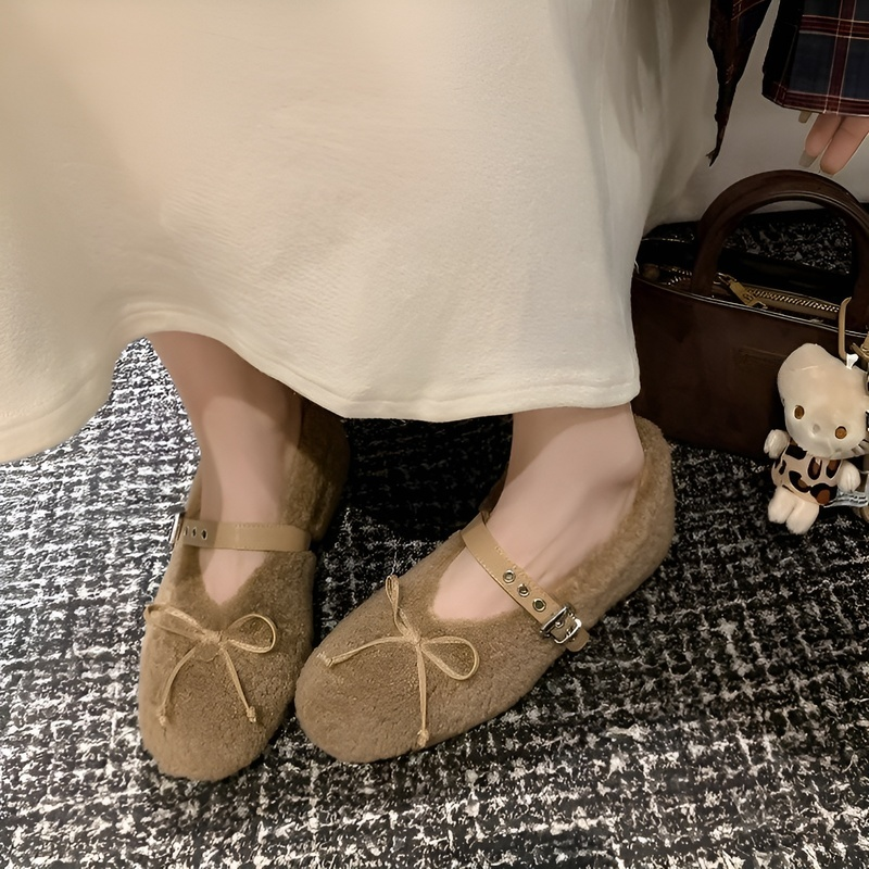 リボン付き 暖かボア インヒール美脚パンプス