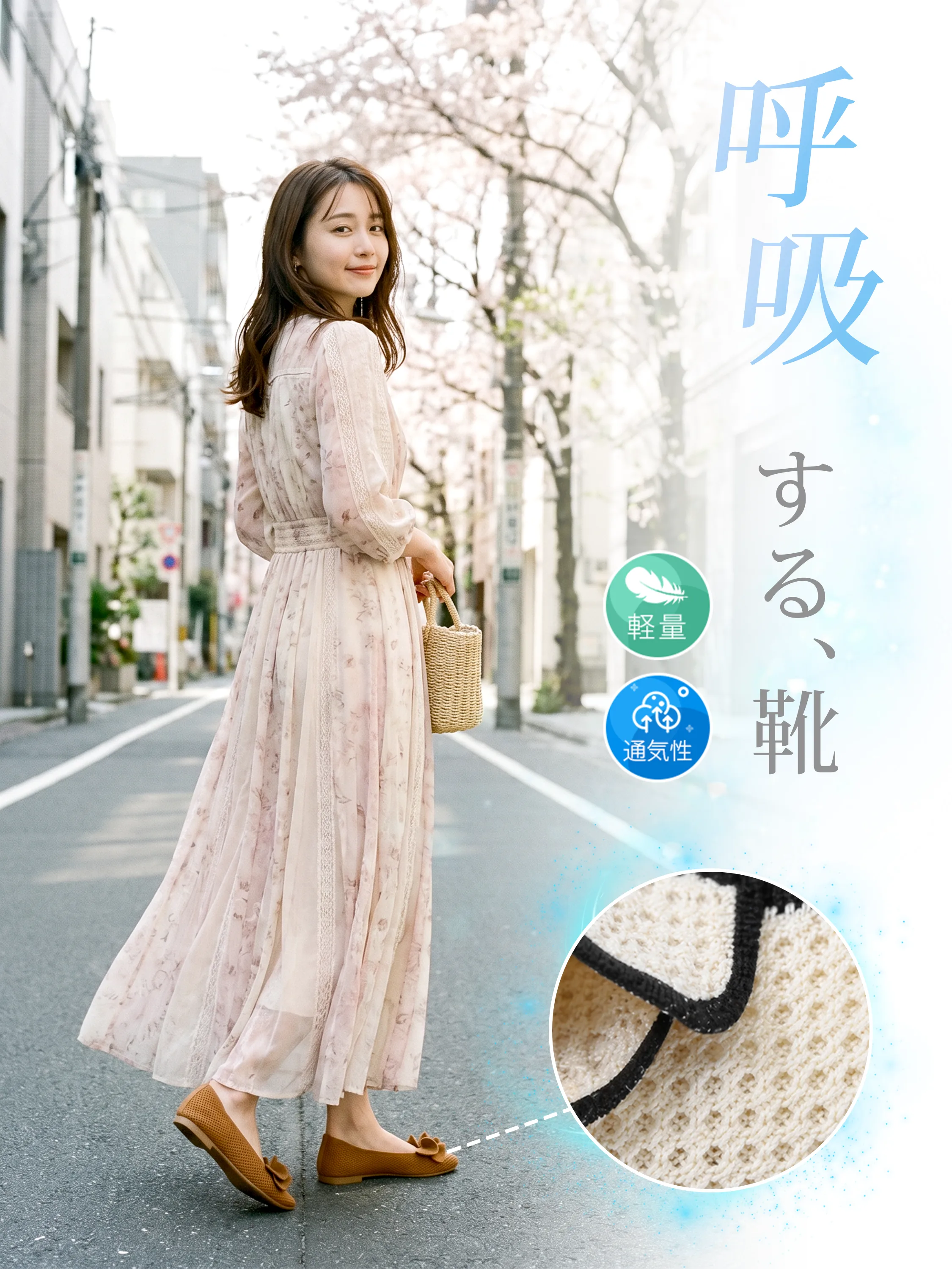 KENPOGEN 洗えるニットパンプスを履き、春の街を軽やかに歩く女性。軽量で通気性に優れた『呼吸する靴』は、長時間の散歩や旅行でも足が疲れにくい