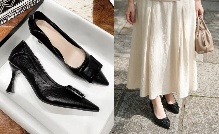 オフィスコーデにぴったり、クラシックバックル ポインテッドトゥパンプスの足元実着スナップ