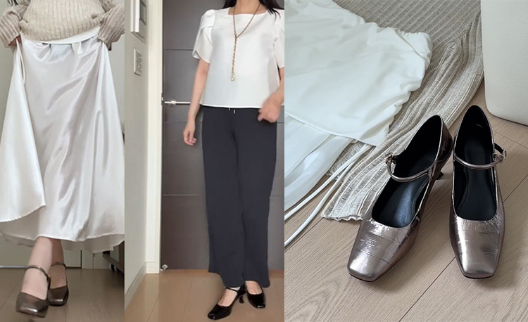 ヴィンテージ感漂う、レトロスクエアトゥ ストラップヒールのリアルなお出かけ着用画像