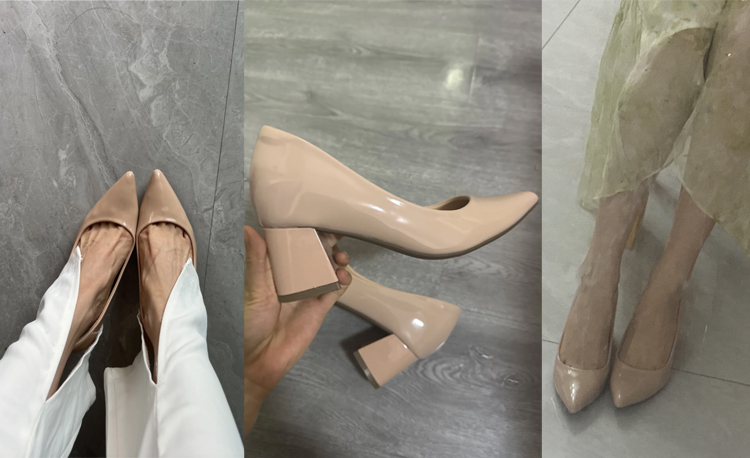  脚長効果抜群、肌馴染みの良いヌードカラーチャンキーヒールパンプスのお客様着用スナップ