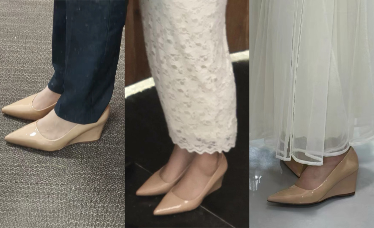 歩きやすくて疲れにくい、ポインテッドトゥウェッジパンプスのお客様足元コーデ