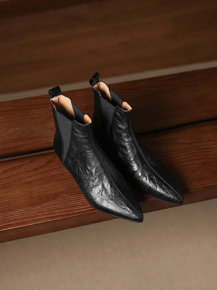 KENPOGEN 本革ブーツ ポインテッドトゥ 2cmヒール ストレッチ 柔らかい羊革 華奢見え 通勤 オフィス