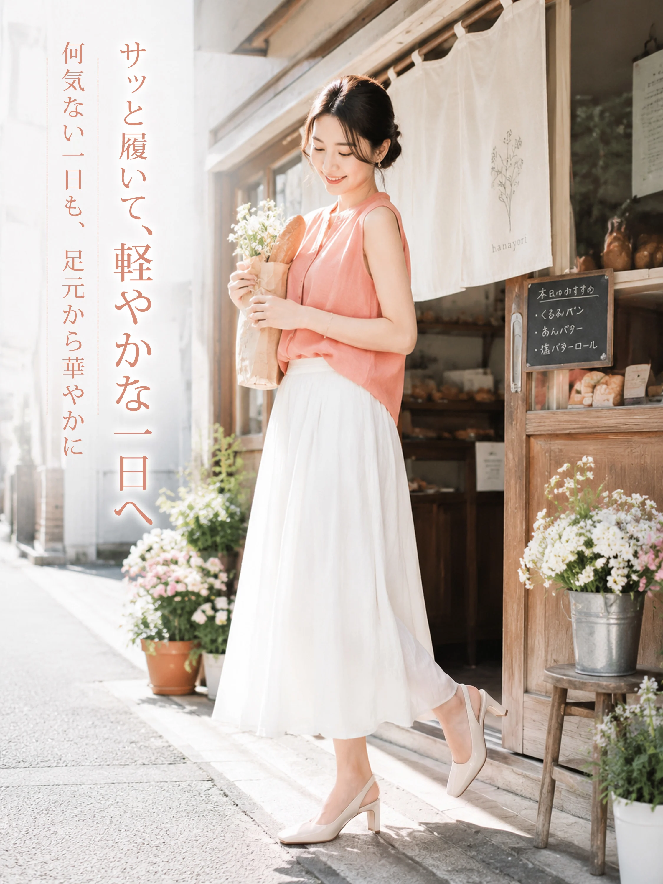休日のお出かけ、サッと履いて軽やかな一日へ。足元から華やかで、KENPOGENパンプスが大人女子のライフスタイルに寄り添う。