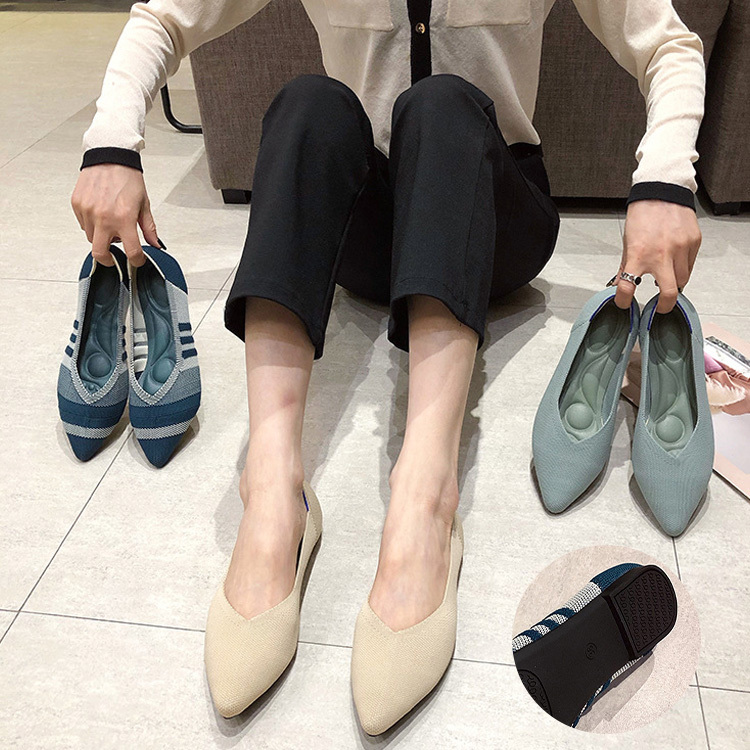 KENPOGEN ポインテッドトゥニットパンプス Vカット フラットシューズ 屈曲性抜群 歩きやすい 全10色展開 通勤 仕事