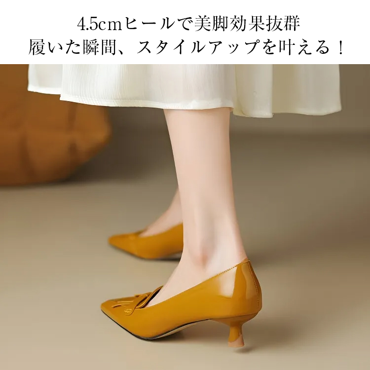 KENPOGEN リボンモチーフローファー 牛革 手作り ポインテッドトゥ エナメル 4.5cmUP 柔らかい