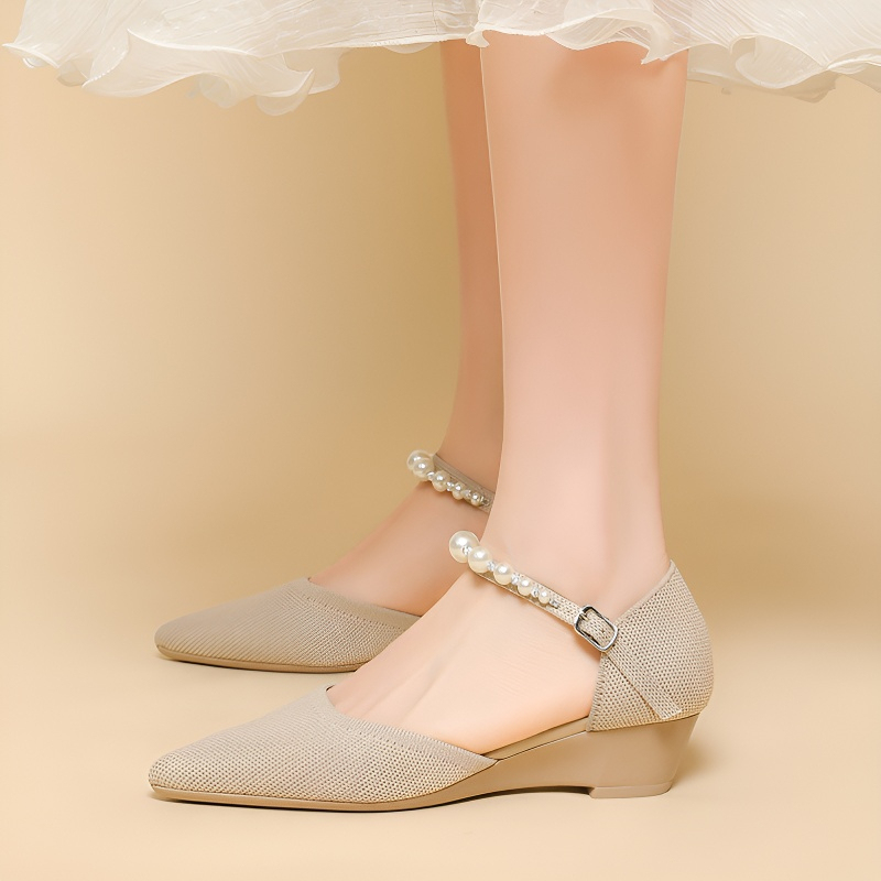 パールストラップ ウェッジソールニットパンプス