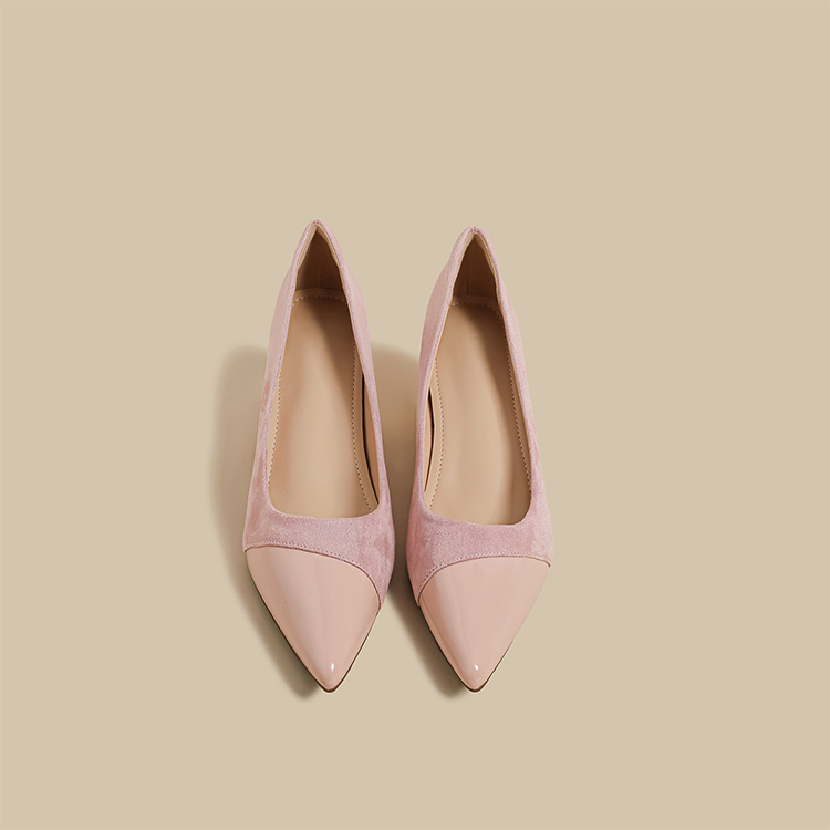 JL-KEN增高7cm拼接尖头粗跟浅口高跟鞋