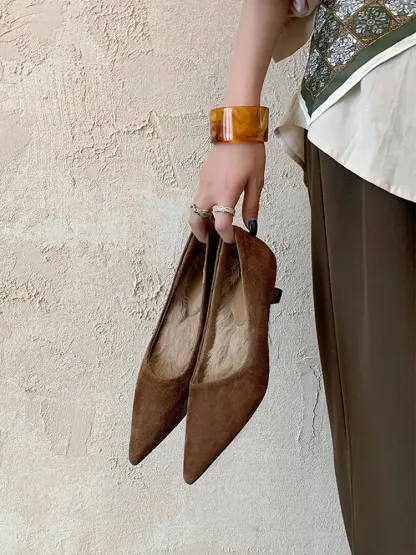 KENPOGEN ポインテッドトゥパンプス 羊革 4.5cmUP スエード調 内ボア 痛くない 歩きやすい 通勤