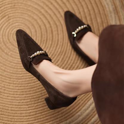 KENPOGEN ビット付きローファー 羊革 手作り ポインテッドトゥ 4cmUP パール飾り 歩きやすい