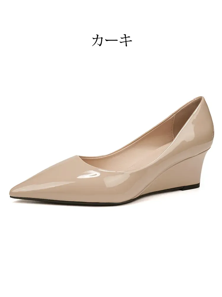 【通勤・立ち仕事に】 KENPOGEN 疲れない ウェッジソール パンプス 黒 エナメル 5.5cm 痛くない ポインテッドトゥ 仕事 オフィス ビジネス 事務