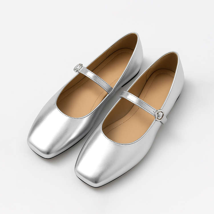 幅広4E メリージェーン靴 スクエアトゥ サテン 甲高 ぽっちゃり足　シルバー