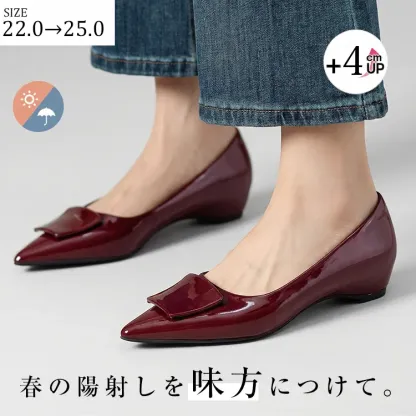 【上品な艶めき】KENPOGEN エナメルパンプス ポインテッドトゥ インヒール 4cmUP 痛くない 走れる 晴雨兼用 通勤 オフィス