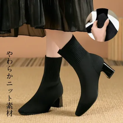 KENPOGEN ニットブーツ 6cmUP ストレッチショートブーツ チャンキーヒール 履き脱ぎしやすい 通勤