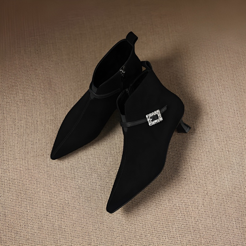 ビジューバックル 4.5cm美脚スエード調羊革ショートブーツ