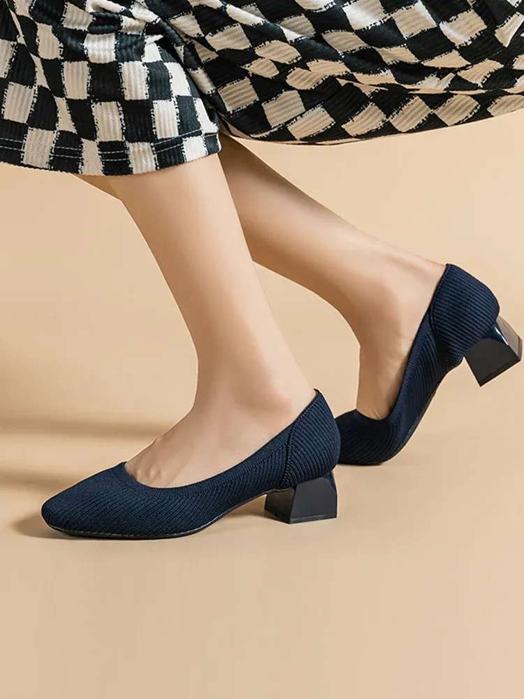 KENPOGEN ニットパンプス スクエアトゥ 4cmUP チャンキーヒール 疲れにくい 就活 通勤