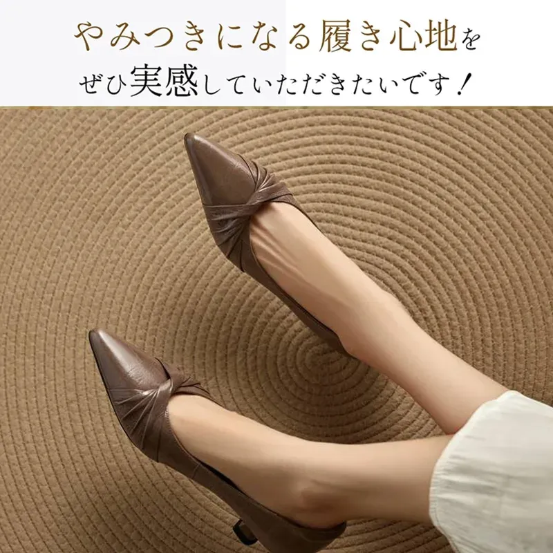 KENPOGEN 牛革パンプス ポインテッドトゥシューズ 4.5cmUP リボン 手作り 疲れにくい 通勤