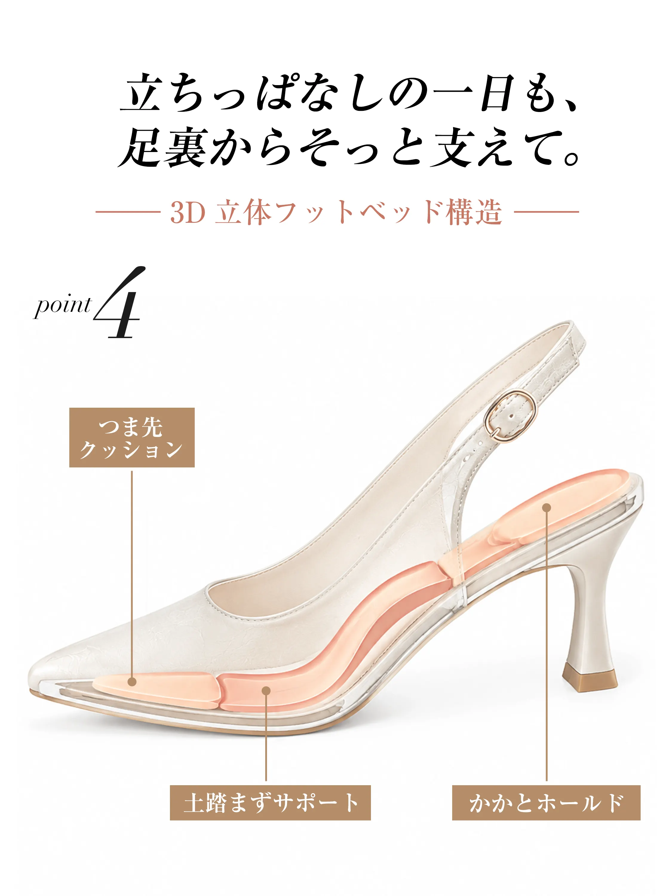 3D立体フットベッド構造の レディース ベージュ バックストラップパンプス つま先クッション 土踏まずサポート かかとホールドで疲れにくい