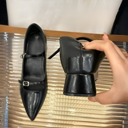 ダブルストラップ・7cmチャンキーヒールパンプス