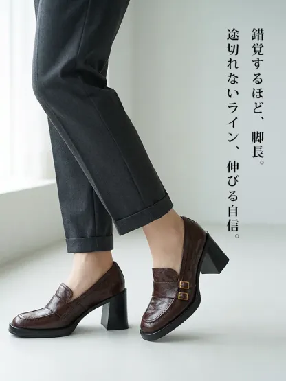 【安定感抜群・走れる太ヒール】KENPOGEN ダブルバックル ローファー 5cm 7.5cm 選べる高さ 痛くない 通勤 黒 スクエアトゥ