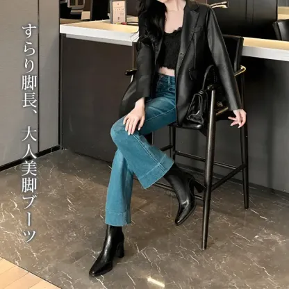 KENPOGEN スクエアトゥショートブーツ 5cm・7cmチャンキーヒール 美脚 歩きやすい 高見え 秋 冬