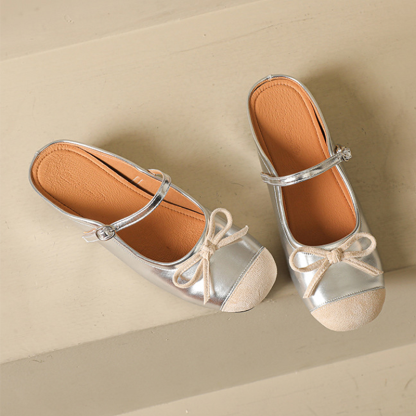 リボン付きシルバー厚底ミュール