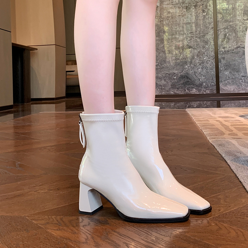 JL-KEN ワイドスクエアヘッド 厚ヒール マーティンブーツ 光沢のある伸縮性のあるスキニーブーツ