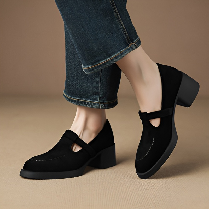 Tストラップ チャンキーヒール美脚羊革パンプス