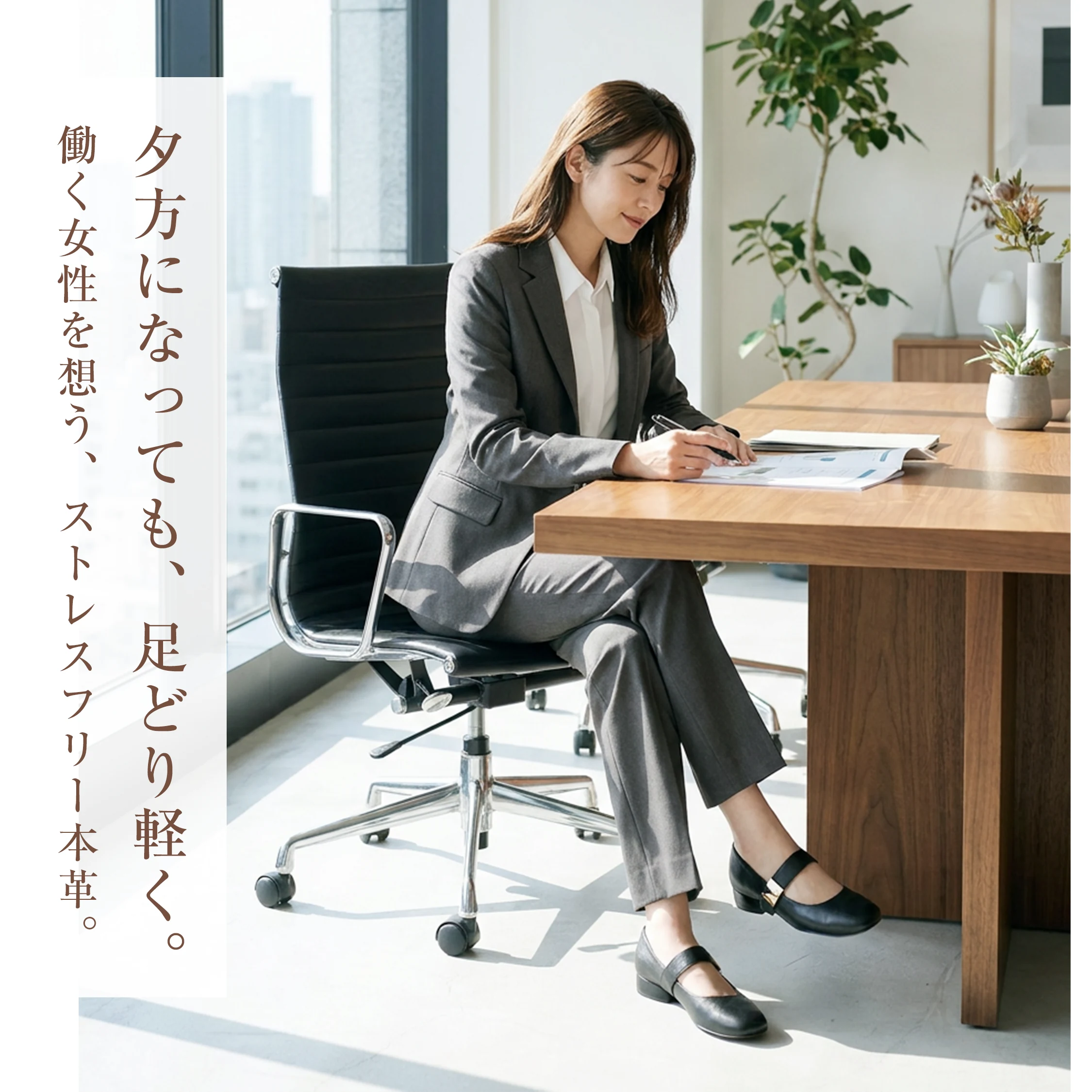 ブラック本革メリージェーンのオフィス着用シーン