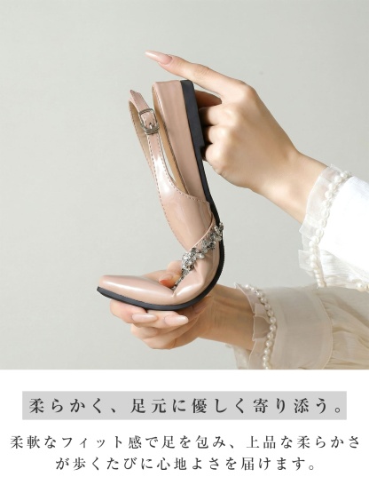 KENPOGEN バッグストラップミュール フラットシューズ 3cmUP ポインテッドトゥ ビジュー 痛くない